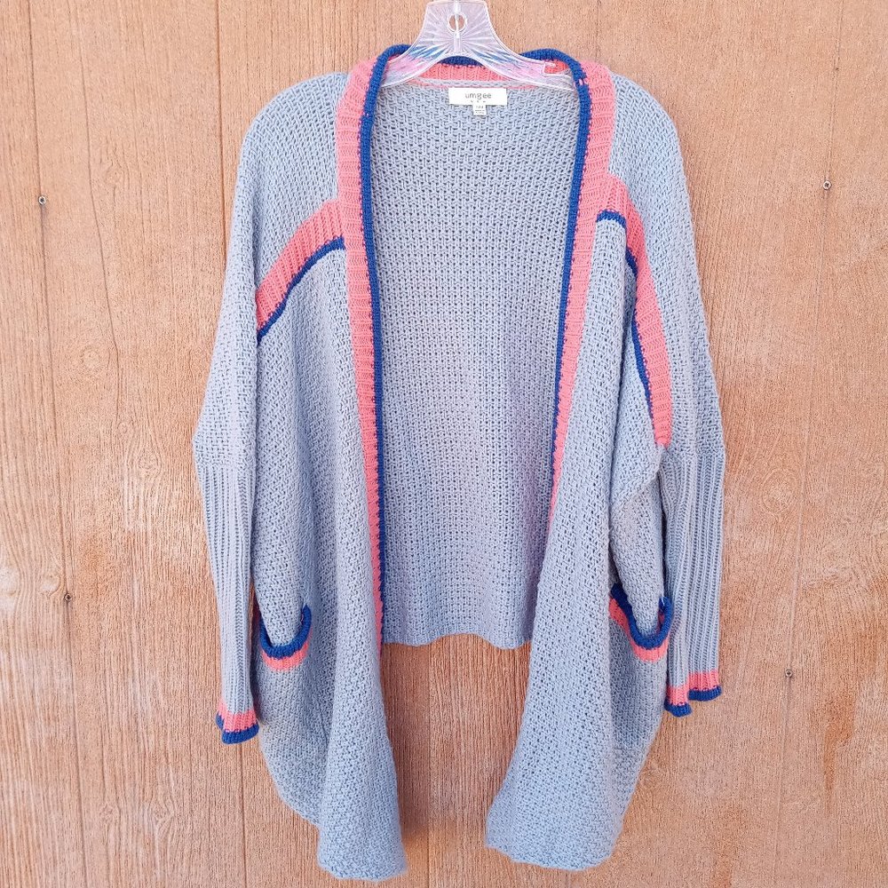 Umgee Gray/Coral Open Front Caridgan Sweater